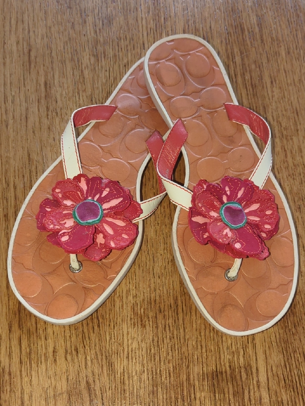 Coach Larissa Poppy Red Floral Toe-Post Sandals with Tan Footbed